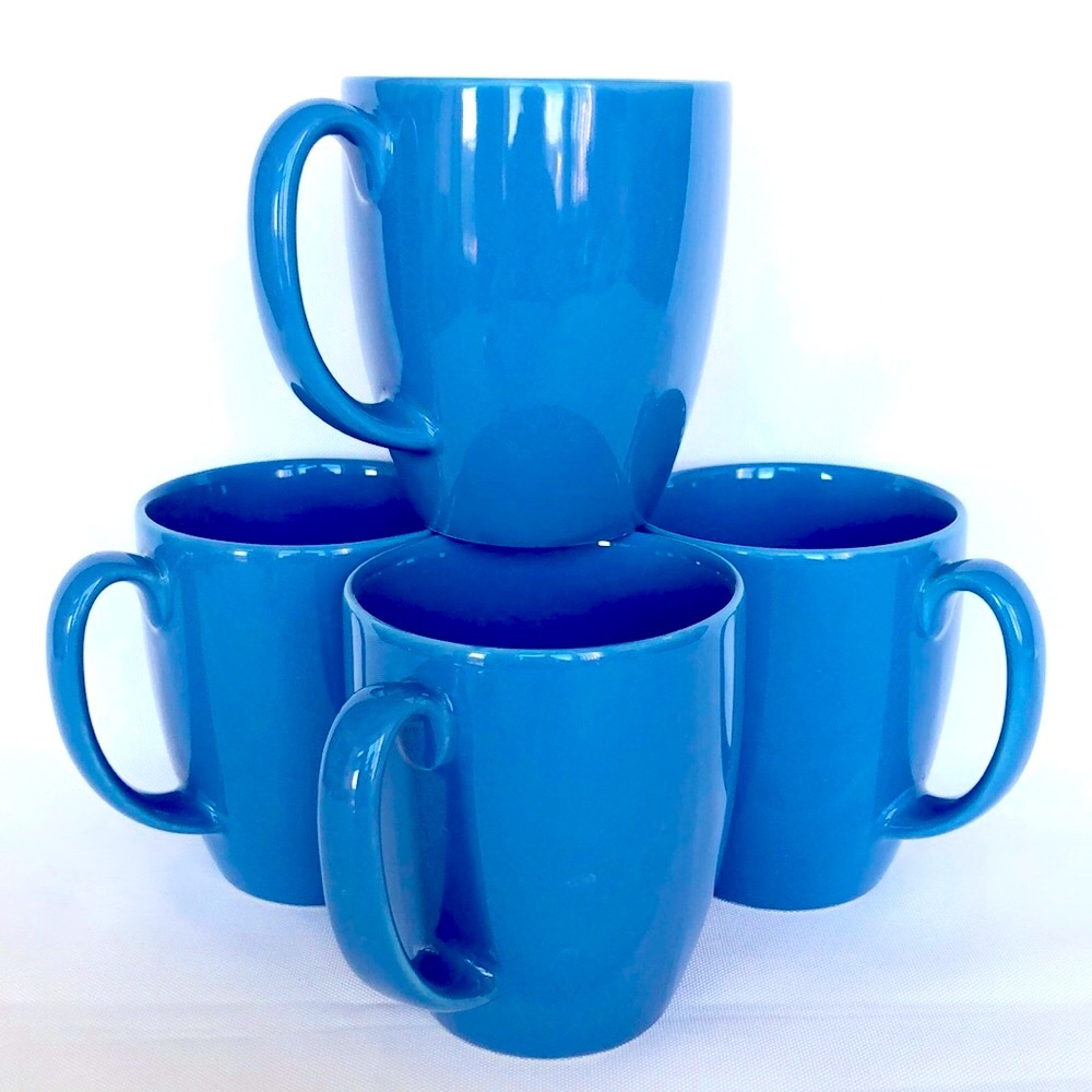 4 VTG Corelle Med Blue Stoneware Mugs Made in Thailand EUC
